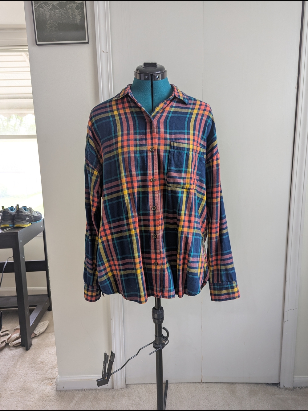Old Navy Navy Plaid Button-Down Shirt with Pink and Yellow Stripes